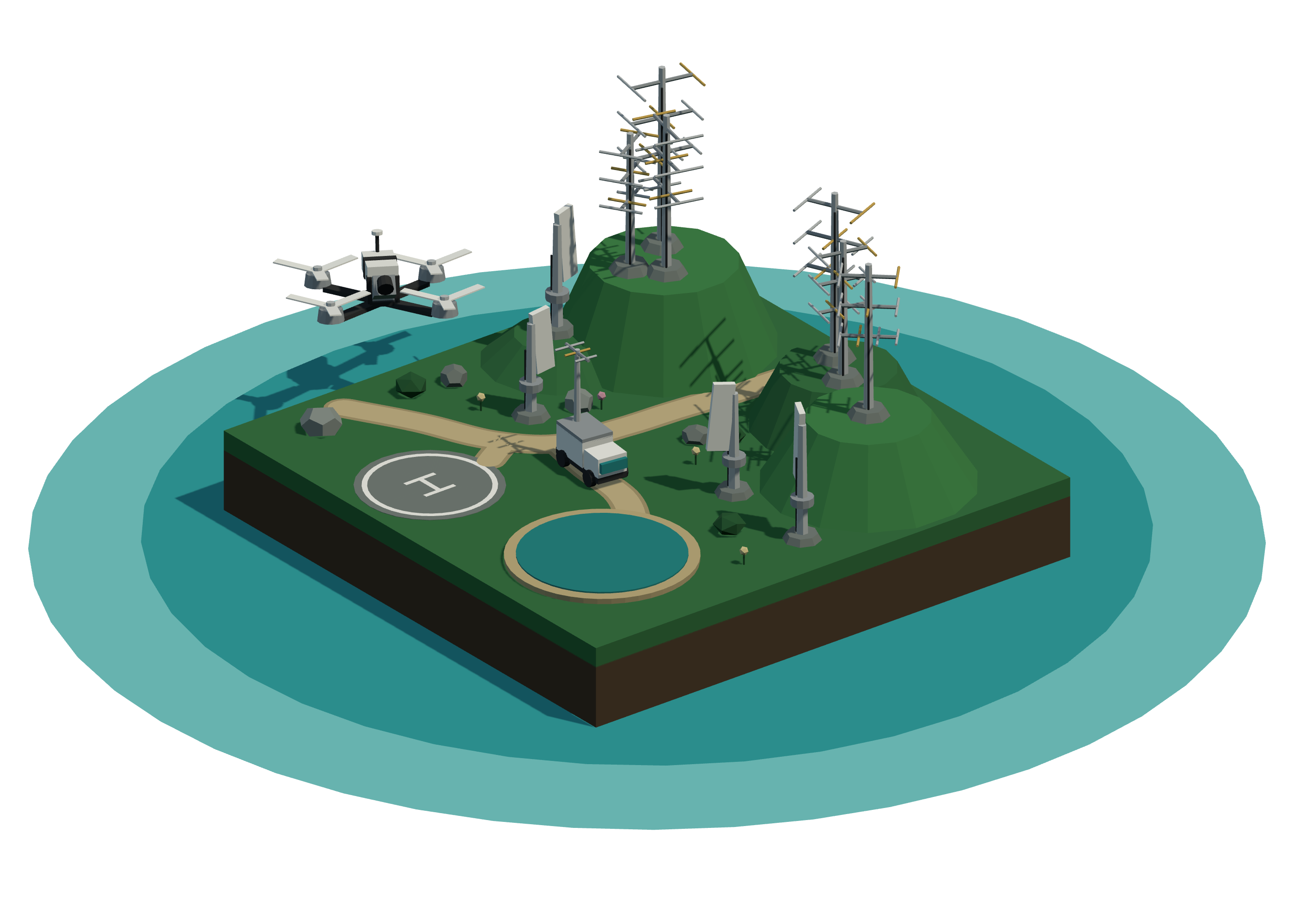 Isometric low-poly island of antenna masts and sector panels